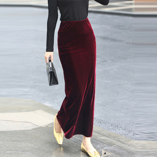 安哥拉红优雅气质金丝绒半身裙女秋季新款高级感长裙子高腰鱼尾裙