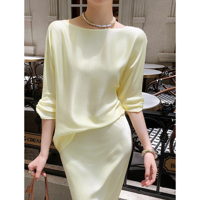 2025夏季新款轻奢高级感莱赛尔铜氨丝七分蝙蝠袖上衣气质百搭T恤