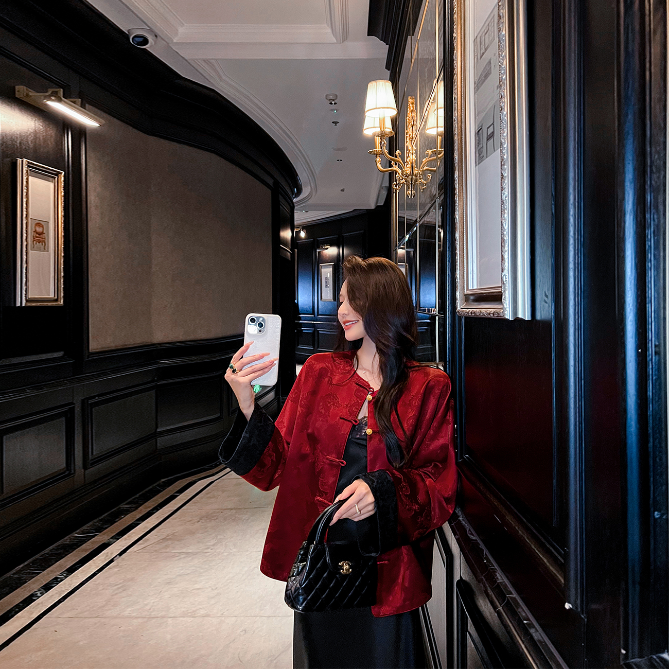 新中式醋酸缎面提花龙纹外套女