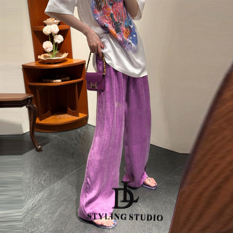 松弛慵懒风新款面料莱赛尔铜氨丝时尚松紧腰直筒阔腿裤女宽松显瘦