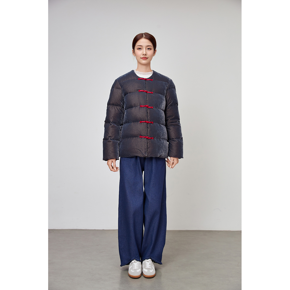 冬装新中式圆领毛暖羽绒服女显瘦文艺复古圆领盘扣国风中长款外套