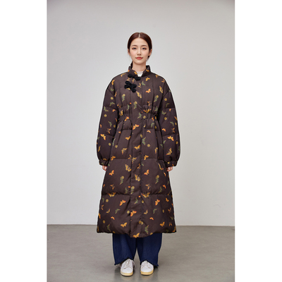 原创设计师品牌买手店棕色印花蝴蝶结加厚长款羽绒服外套