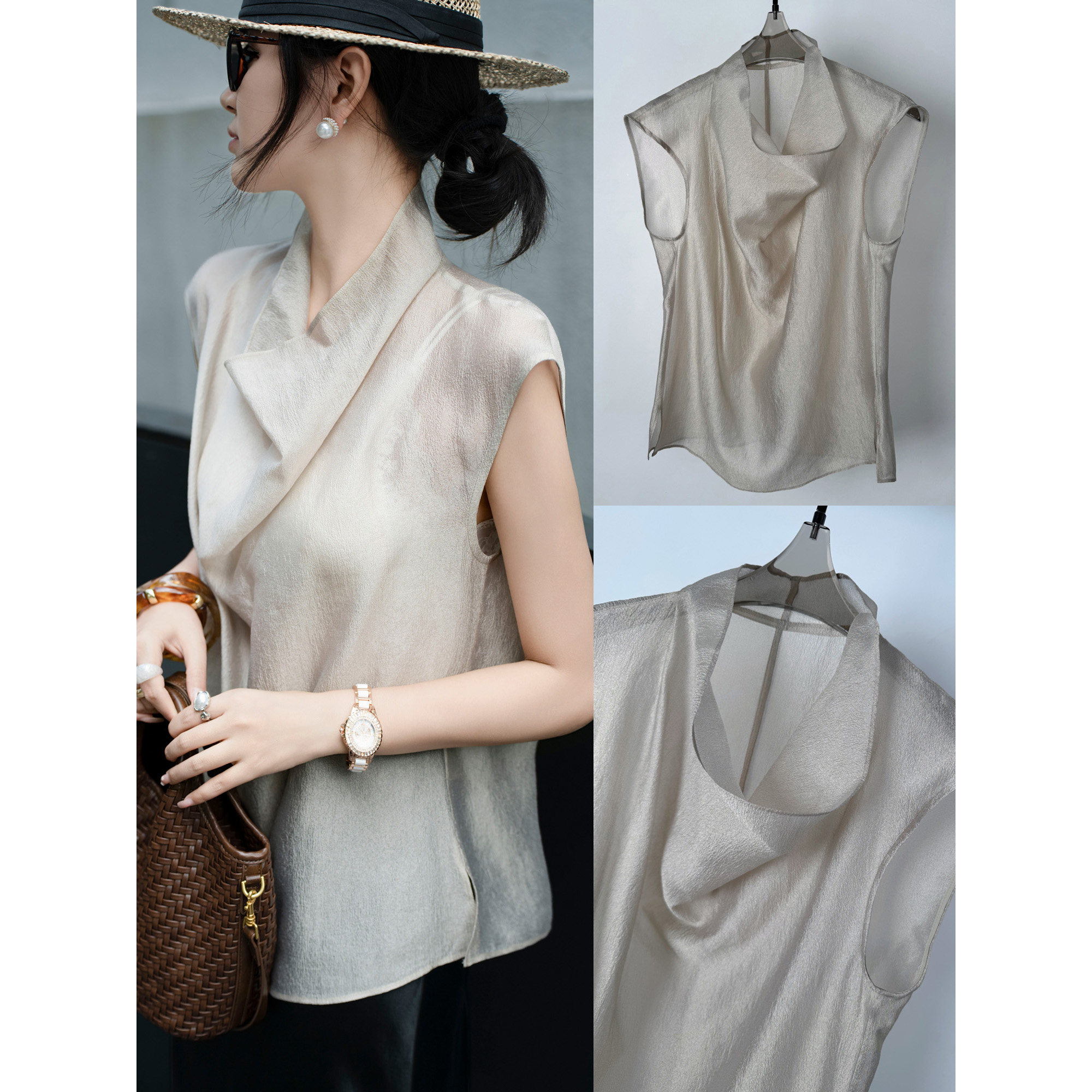 深圳南油荡领无袖人丝上衣微透视女人味套头衬衫松弛感小衫高端