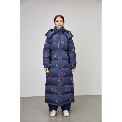 羽绒服冬季收腰长款粉色国风2025韩版印花鸭绒女款宽松女款厚