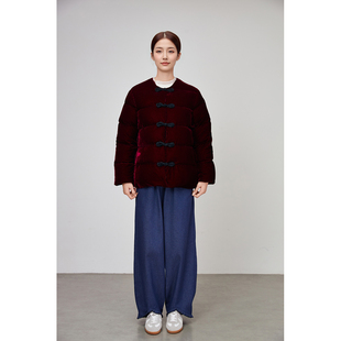 真丝丝绒90白鹅绒羽绒服中国风立领中式金丝绒短款外套夹克秋冬