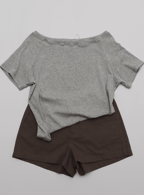 TOMATO SHOP 复古少女~小露肩短袖t恤气质收腰宽松慵懒短袖上衣