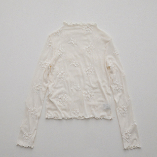 蕾丝打底衫女26新款温柔少女半高领立体花朵刺绣微透叠穿内搭T恤