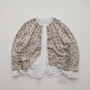 复古碎花针织开衫 日系少女叠穿圆领印花上衣