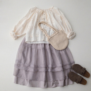 立体刺绣花朵宽松棉质衬衫温柔少女系带宽松百搭上衣衬衣