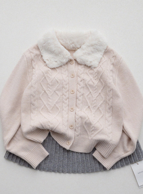 毛领毛衣开衫复古少女麻花蝴蝶结针织上衣外套