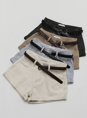 June studio 2026春夏新款 高腰显瘦洗水棉卷边牛仔短裤~配腰带