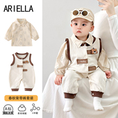 婴儿新品 2025秋款 男宝外出服可爱超萌满月两件套绅士爬服洋气哈衣
