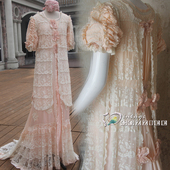 法兰西玫瑰 法国维多利亚茶会真丝流沙缎面手工蕾丝古董婚纱晨袍