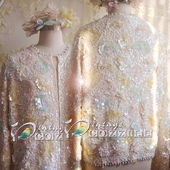 落梅 1950s镀彩马卡龙羊毛手工刺绣亮片粉绿开衫 毛衣美国Vintage