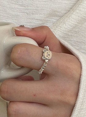 s925银碎银子不规则切割小熊指环戒指松紧绳弹力绳设计