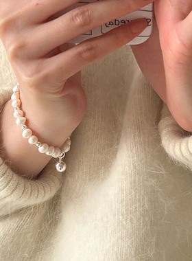 s925银天然淡水珍珠实心银球弹力绳手串手工编织百搭小众