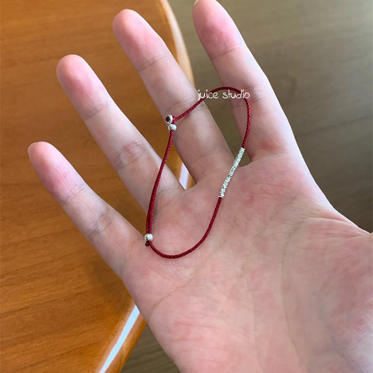 s925银碎银子手绳红黑两色红绳手链
