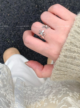 通体s925纯银开口可调节镂空花朵戒指指环