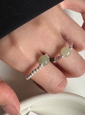 s925纯银天然水晶碧玺戒指女简约独特设计甜美手工弹力绳款指环