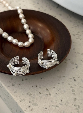s925纯银多层缠绕珍珠开口戒指