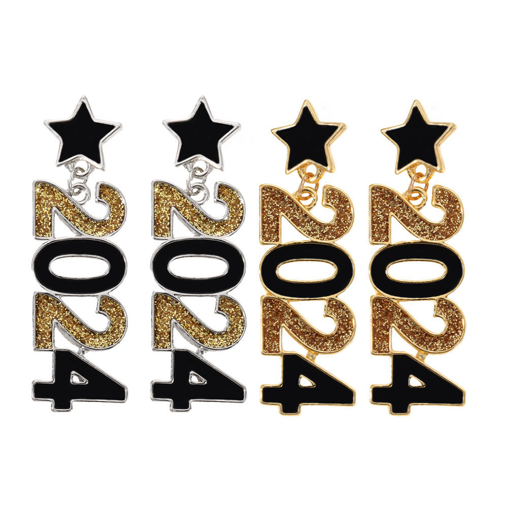 欧美外贸新品创意宴会派对风2024数字耳环女士可爱耳坠新年礼物