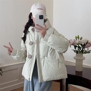 冬外套 羽绒服女连帽冰岛方糖方扣面包服小个子白鸭绒时尚 反季 短款