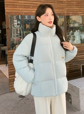 甜可可蓝色羽绒服女短款立领宽松加厚白鸭绒面包服学院风潮流外套