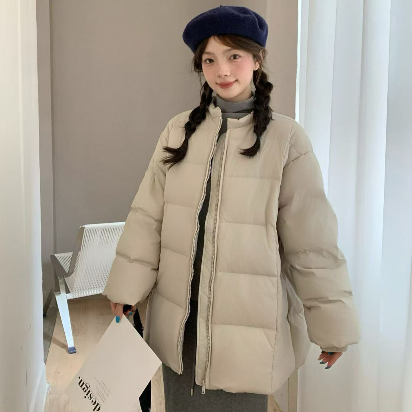 韩版圆领羽绒服女中长款简约宽松