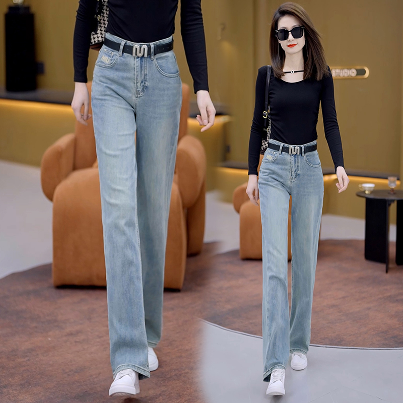 复古2024年窄版直筒牛仔裤女春秋水洗小个子加长显瘦高腰阔腿裤子