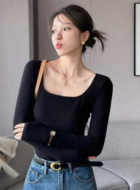 黑色保暖内衣女秋冬发热加绒加厚打底衫内穿上衣2024新款双面磨绒