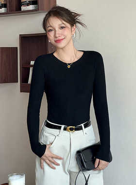 黑色打底衫女秋冬季2025新款圆领修身洋气内搭高级感长袖T恤上衣