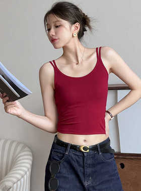 红色双肩带美背内衣女2025新款夏外穿带胸垫文胸一体内搭吊带背心