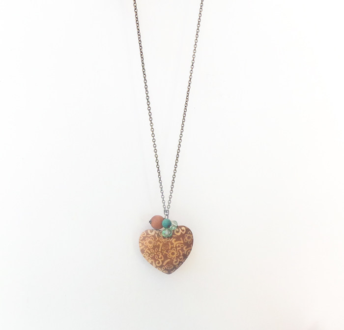 外贸欧美饰品复古经典原木刻画花纹心坠项链长款项链女款