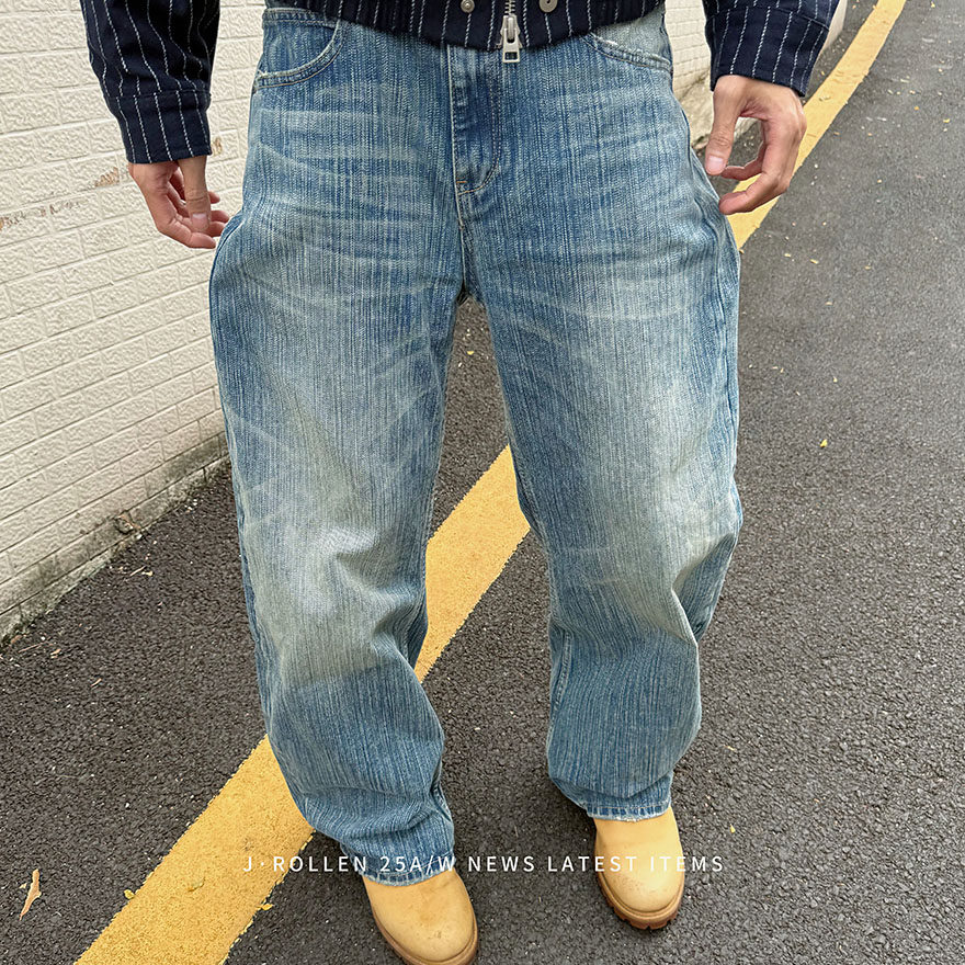 复古竹节做旧蓝色弯刀牛仔裤男