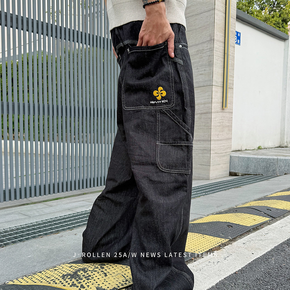 复古水洗大口袋刺绣原牛牛仔裤