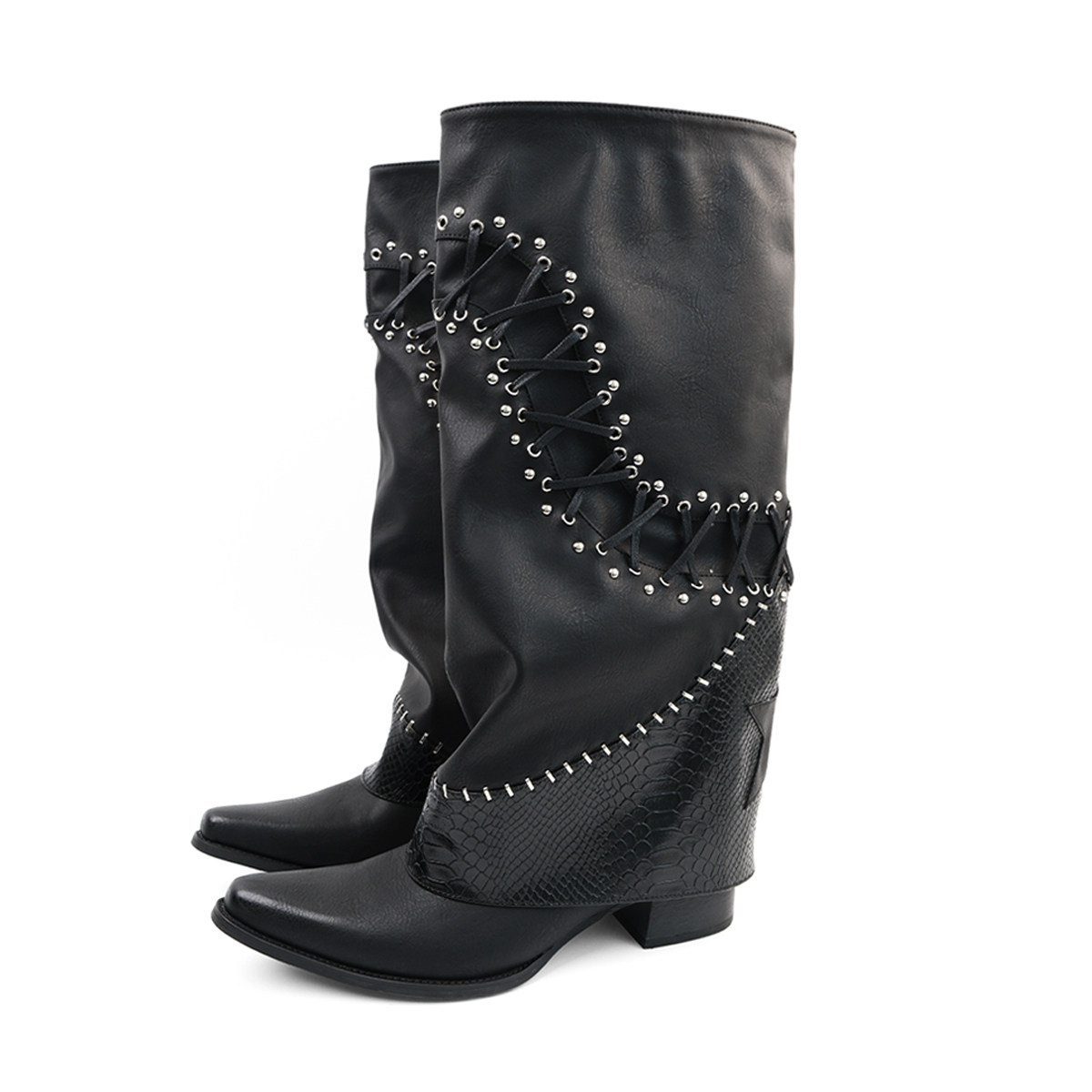 thumbnail for Mooreyu Atelier original design cowhide trouser leg boots pointed toe thick heel gal black stacked boots girl