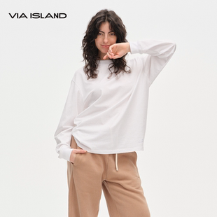 度假向岛新疆棉纯棉宽螺纹圆领长袖 25407RS007 T恤休闲女款