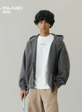 度假向岛水洗棉复古毛边廓形加绒卫衣男2026新款外套丨25407RS002