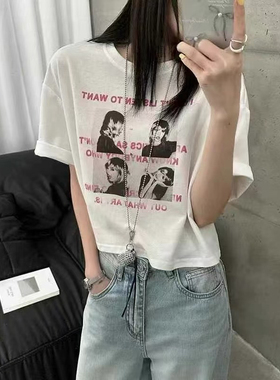 葡萄树2025夏季新款28222#超高腰款雅纱棉短宽松辣妹短袖T恤
