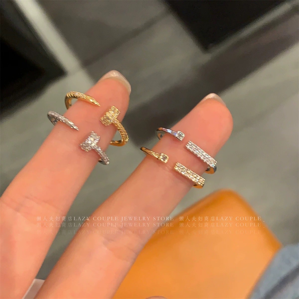 轻奢锆石钉子素圈叠戴食指戒女