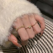 韩版 高端轻奢三件套链条爱心女ins轻奢超闪精致指环开口少女戒指