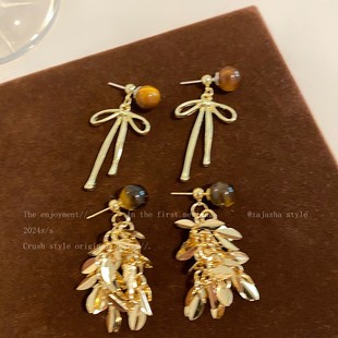 金色羽翼美拉德风虎眼石流苏耳环女秋冬气质耳钉轻奢高级感耳饰