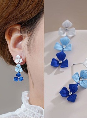 银针渐变蓝色花朵高级感耳环复古港风超仙气质耳坠新款潮