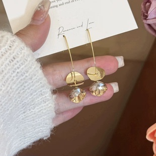 复古茶色几何水晶流苏亮片长耳环女时尚 通勤耳饰品百搭简约耳勾