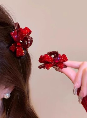 红色新年发夹过年发饰儿童公主头抓夹女秋冬小号蝴蝶结刘海夹发卡