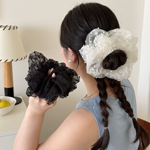 法式 浪漫米色网纱波点大肠发圈女高级感慵懒风头饰大号头绳丸子头