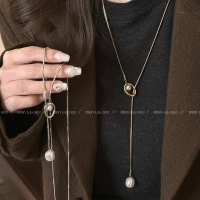 法式复古金色珍珠长款抽拉项链