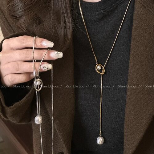 法式复古金色珍珠长款抽拉项链