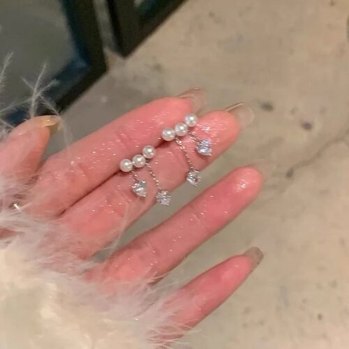 S925银针爱心珍珠流苏耳环女