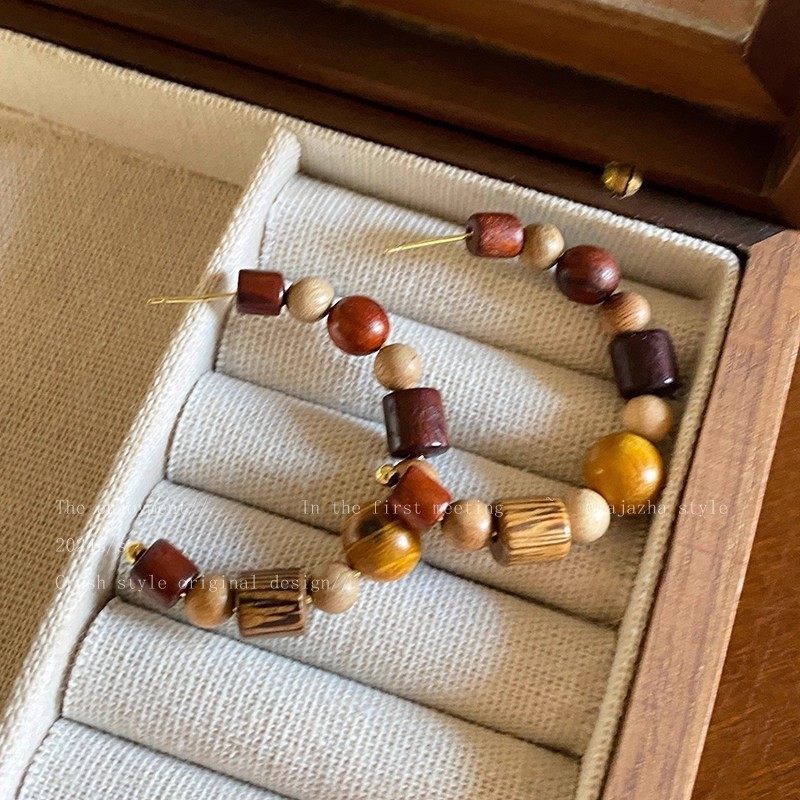 秋冬港风复古木质C形耳环